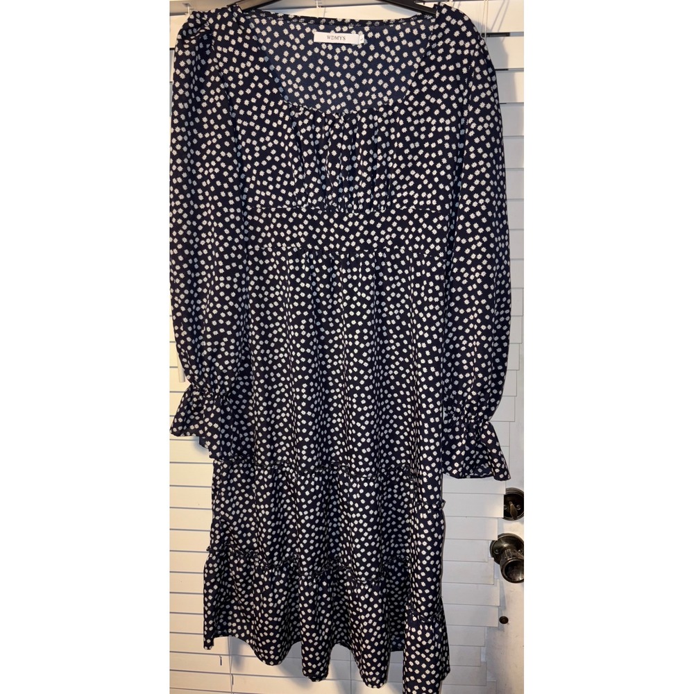 WDMYS Navy Blue Floral Long Sleeve Tiered Midi Dress - Women's‎ size large